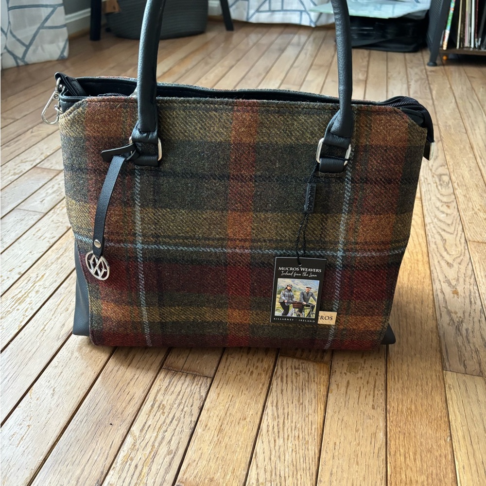Plaid Wool Tote with Black Leather Trim by McGregor Weavers
